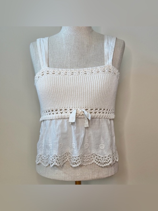 Zara Tops - Zara Cream Crochet Ribbed Knit Lace-Trim Cami Tank S EUC Cottage Ballet Boho